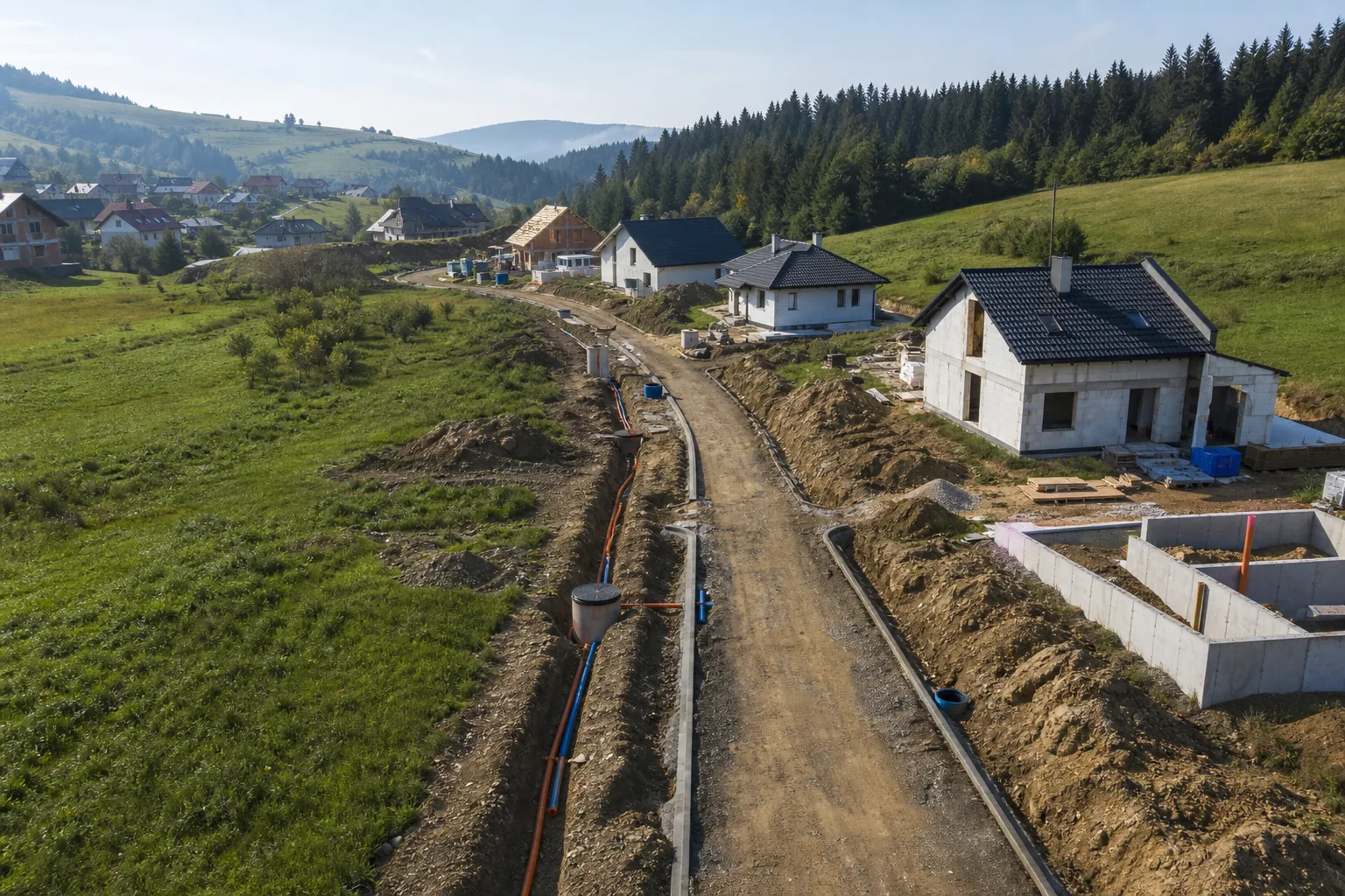 Nová ulica rodinných domov s ryhami pre vodovod a kanalizáciu (ilustračná fotografia)
